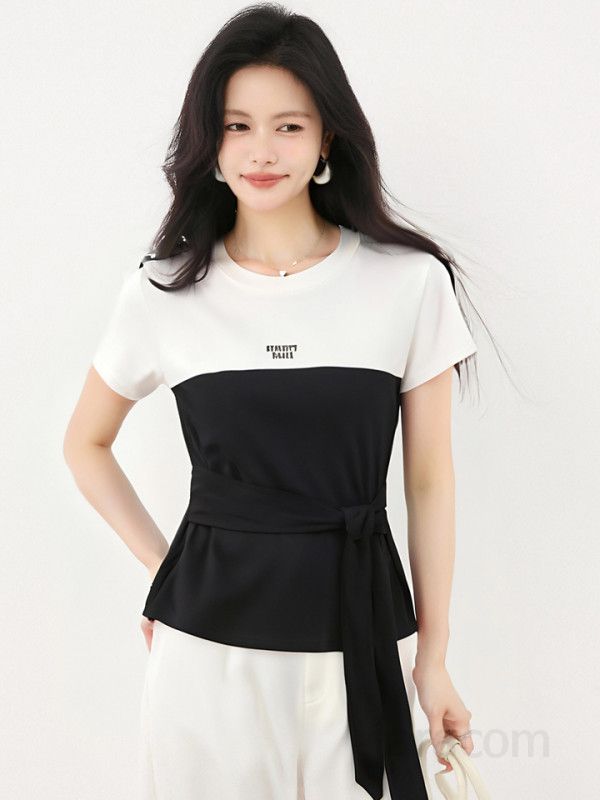 봄 여름 슬림핏 배색 반팔 티셔츠 허리끈 랩스타일 라운드넥 데일리룩 페미닌룩 룩 9865 - 상세 이미지 2