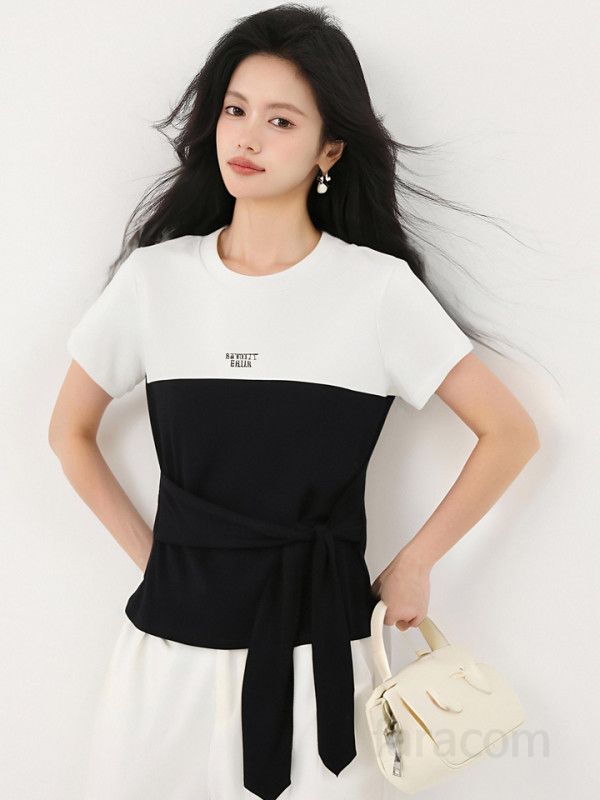 봄 여름 슬림핏 배색 반팔 티셔츠 허리끈 랩스타일 라운드넥 데일리룩 페미닌룩 룩 9865 - 상세 이미지 5