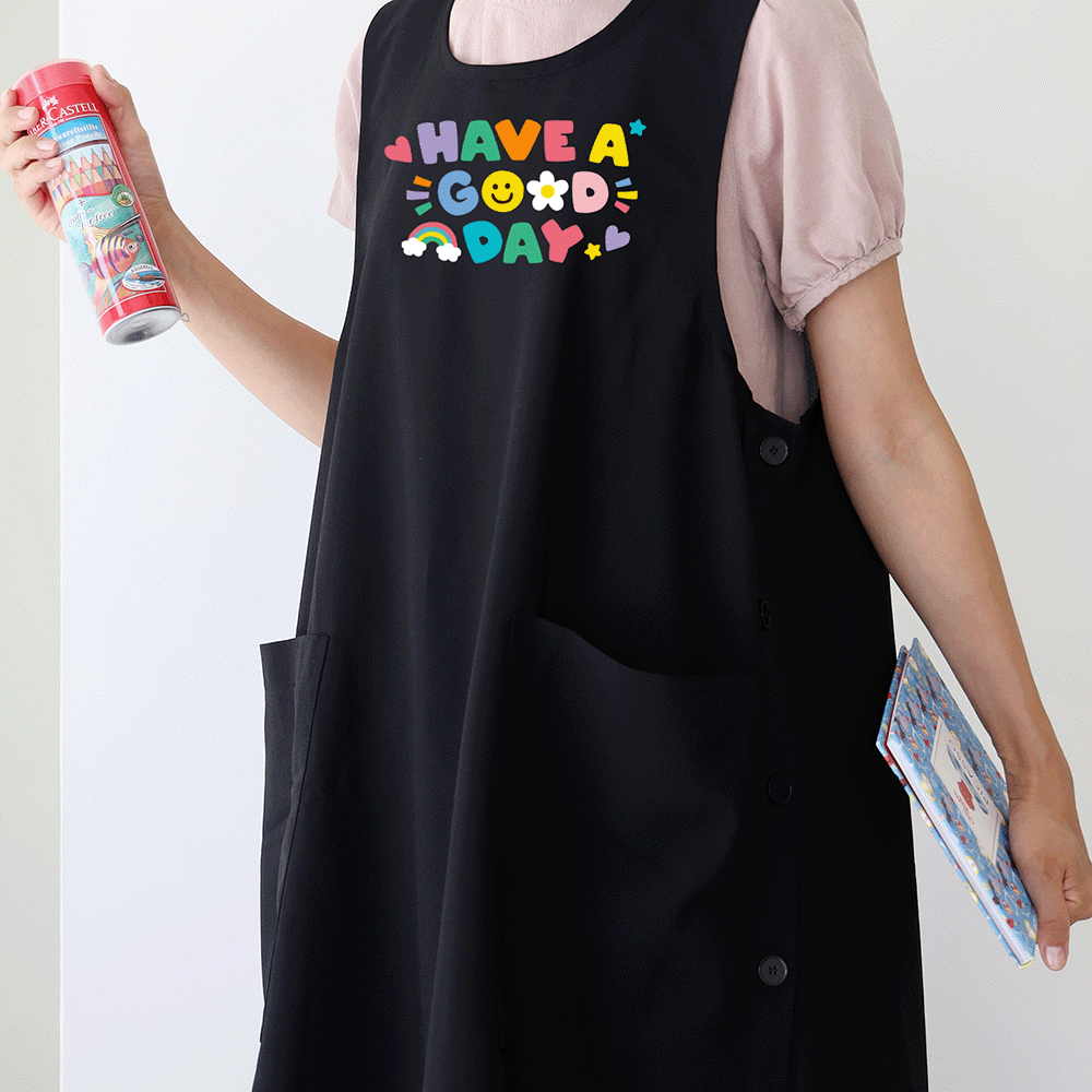 [미소쌤] HAVE A GOOD DAY 레터링 솜사탕 앞치마 블랙 어린이집 보육교사
