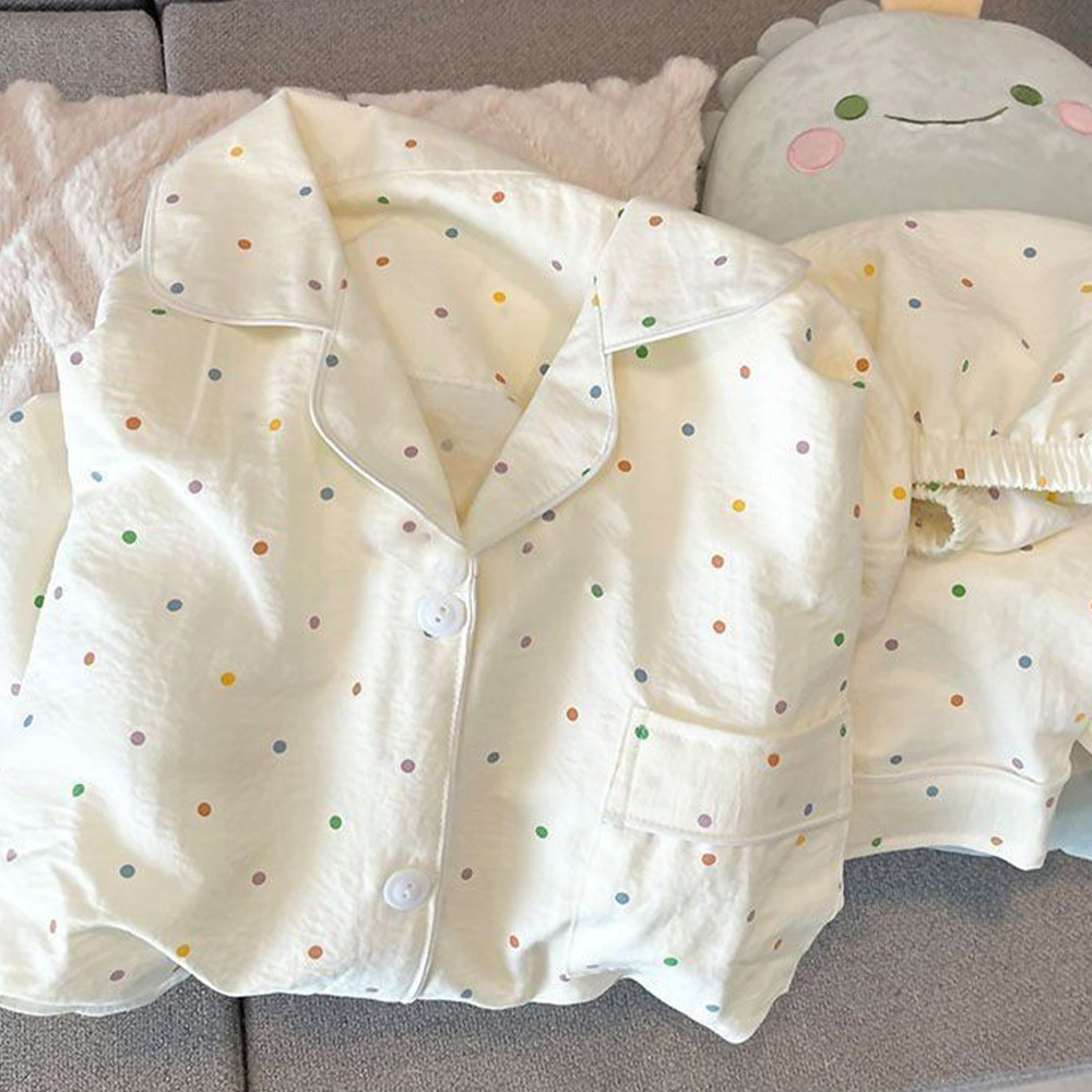 땡땡이 여름 학생 반팔 잠옷 세트 여성 반바지 반팔 귀여운 실내복 - 상품 이미지