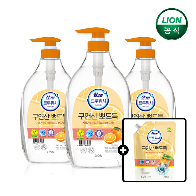 참그린 구연산뽀드득 주방세제 오렌지향 1kg x 3개+1.2L 리필 증정 - 상품 이미지