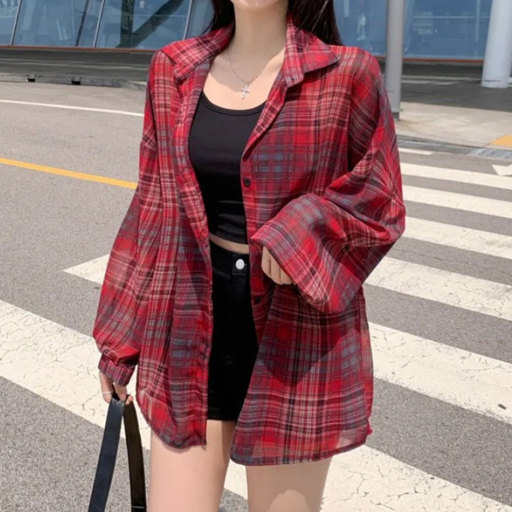 살안타템 여자 시스루 체크 셔츠 블라우스 오버핏 여름 비치 썸머 셔츠 여성 블라우스 린넨 시어서커 오버핏 - 상세 이미지 2