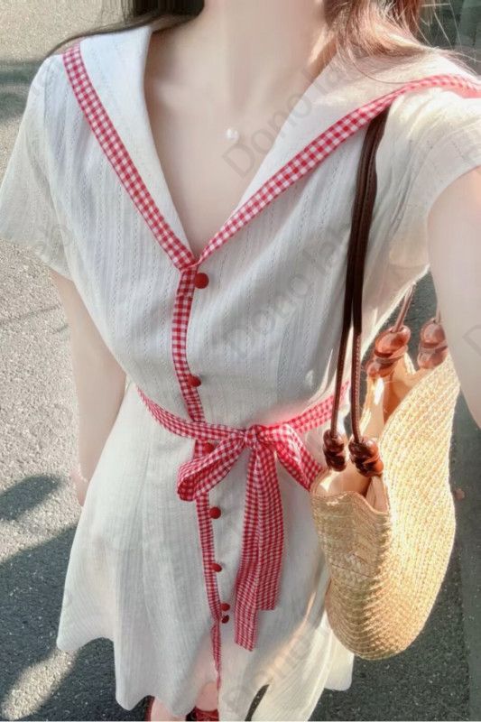 레트로 복고풍 세일러 카라 반팔 여름 면 원피스 - 상세 이미지 5