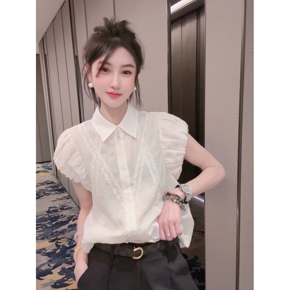 카라 프릴민소매 블라우스 러블리 귀여운 공주풍 빅사이즈 3XL까지 루즈핏 화이트 - 상세 이미지 2