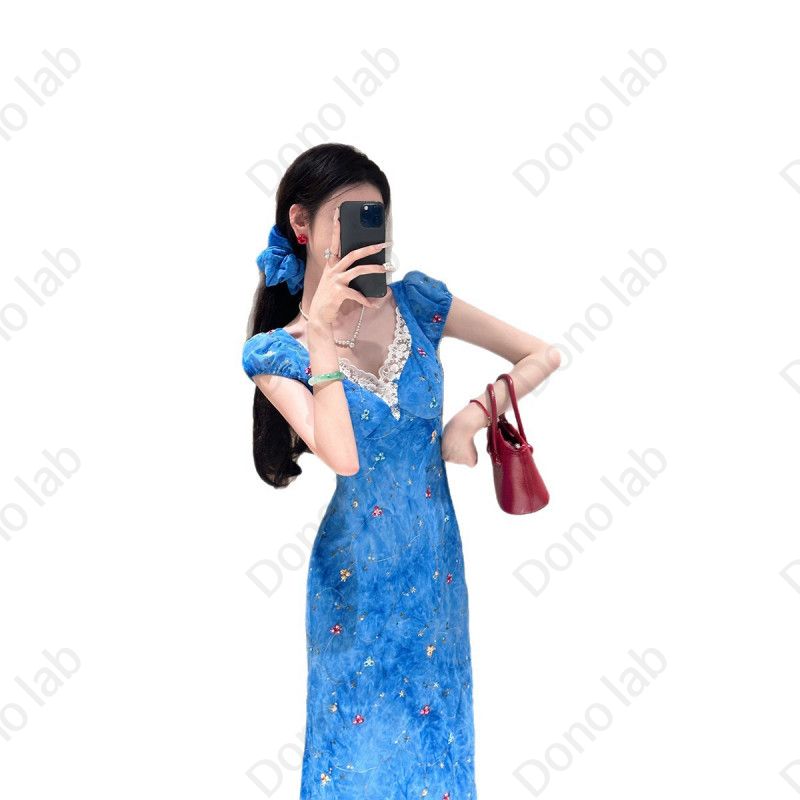 여름 시즌 눈꽃 슬림핏 자수 꽃무늬 롱 원피스 블루 - 상세 이미지 4