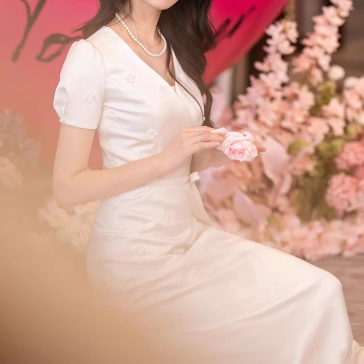송혜교웨딩드레스 스타일 새틴 셀프웨딩 2부 맘드레스 원피스 예복 야외 브라이덜샤워 연주회 - 상세 이미지 4
