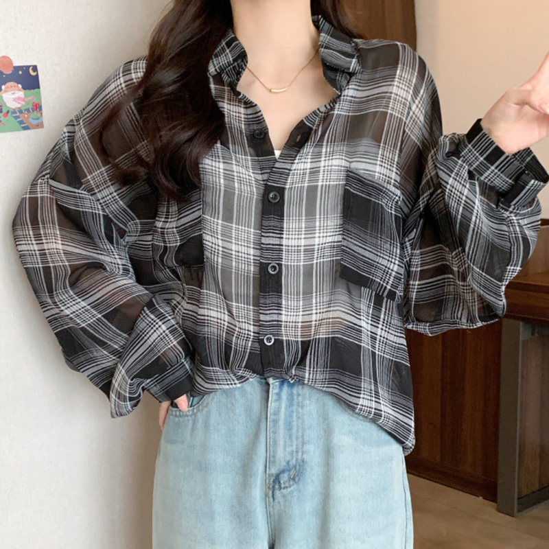 살안타템 여자 시스루 체크 셔츠 블라우스 오버핏 여름 비치 썸머 셔츠 여성 블라우스 린넨 시어서커 오버핏 - 상세 이미지 4