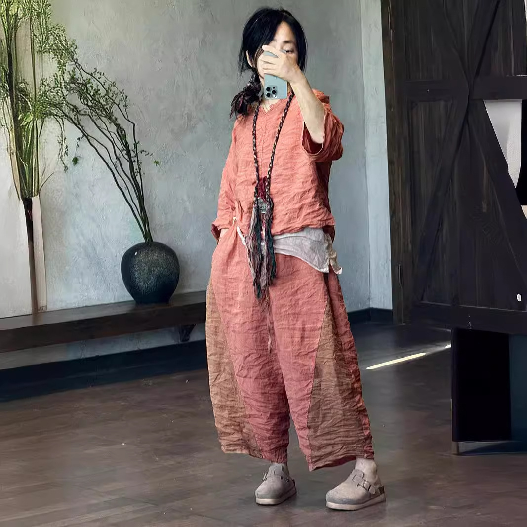 린넨블라우스 배색 린넨팬츠 세트 중년엄마옷 - 메인 이미지