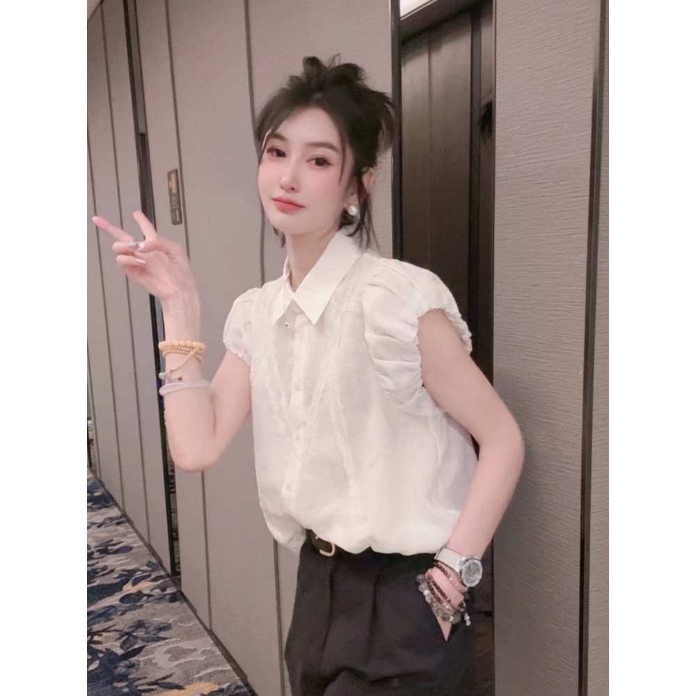 카라 프릴민소매 블라우스 러블리 귀여운 공주풍 빅사이즈 3XL까지 루즈핏 화이트 - 상세 이미지 5