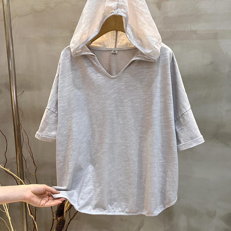 오버핏후드티 여성 여름 5부소매티셔츠 77사이즈 8855