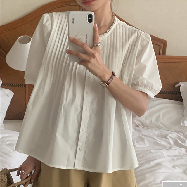 에터 핀턱 주름 루즈핏 브이넥 코튼 블라우스 2col 여름 베이비돌 퍼프 아방 제이플로우 이미지 4