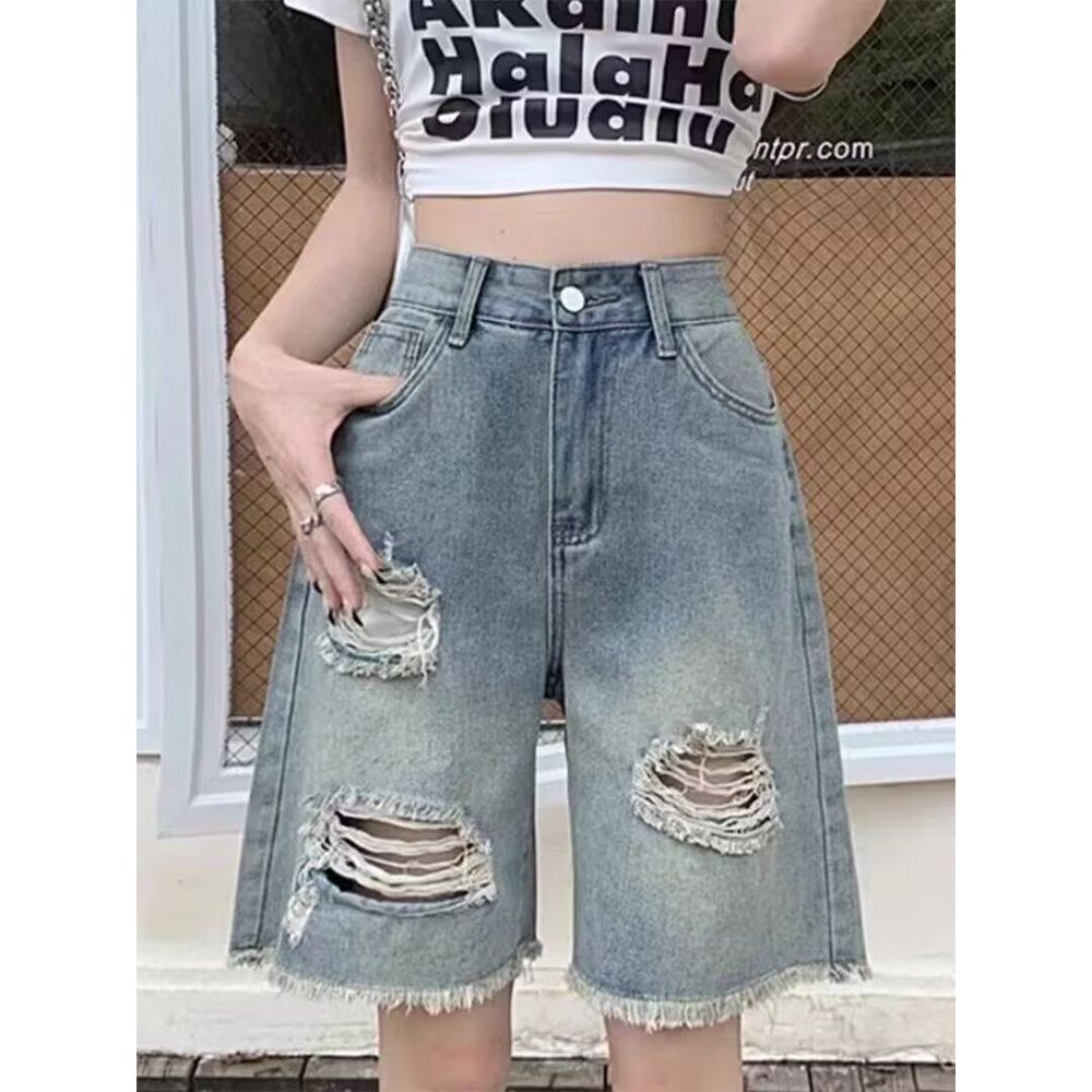 여성 하이웨스트 데미지 컷팅 5부 청반바지 bying24 블루 S (40-50kg) - 상세 이미지 5