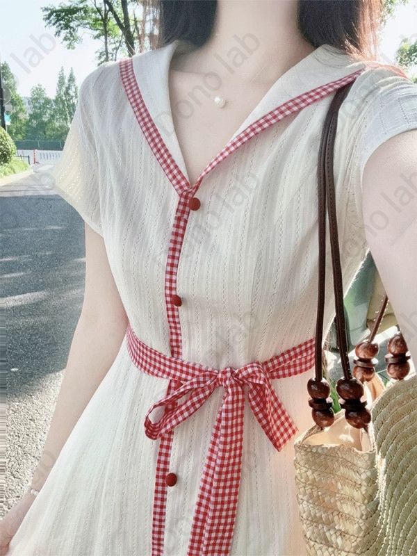 레트로 복고풍 세일러 카라 반팔 여름 면 원피스 - 메인 이미지