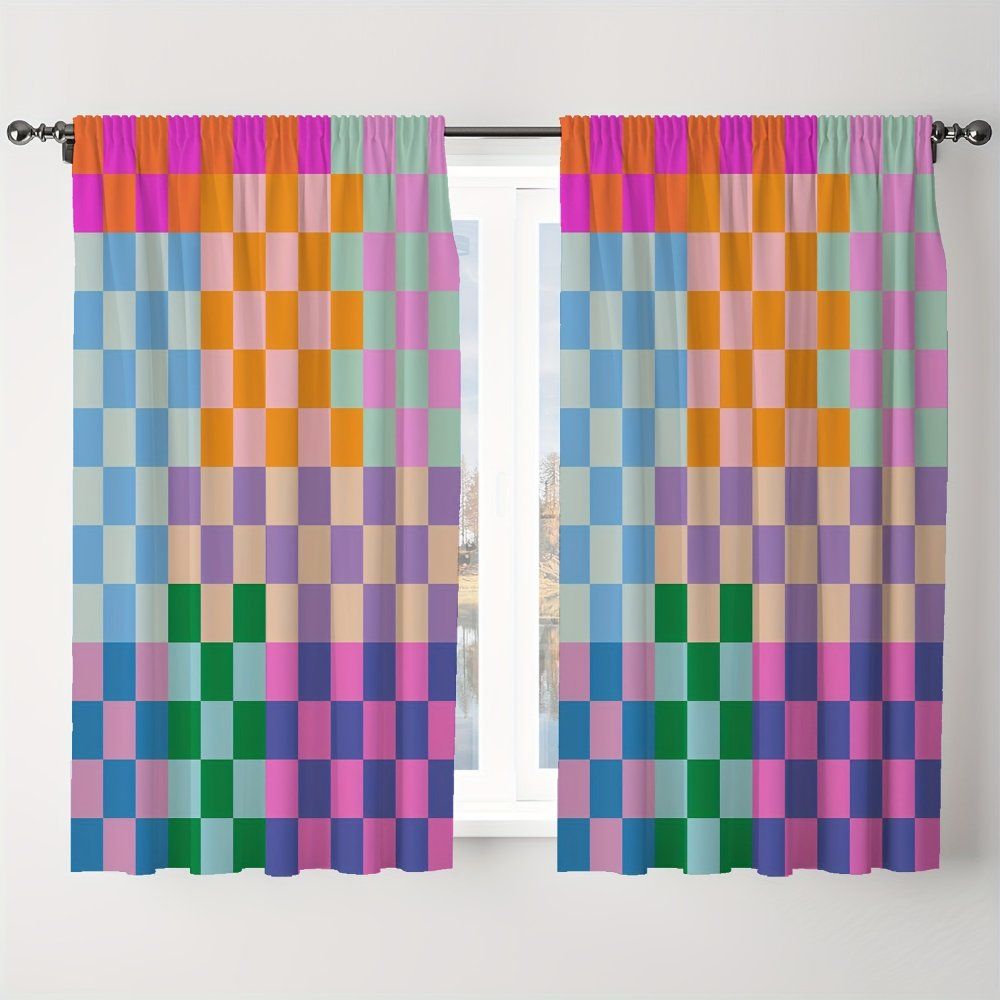 2pcs 무지게 격자 체크 무늬 인쇄 커튼 장식 창 침실 거실 가정 - 상세 이미지 5