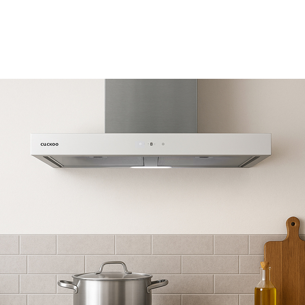 쿠쿠 900장용 벽부착형 LED 터치식 침니 레인지후드 BLDC 정풍량 모터 화이트