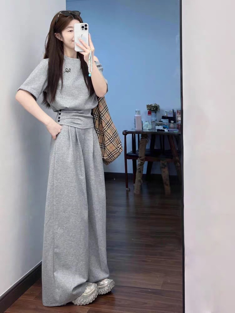 여름 여성 루즈핏 오프숄더 반팔 와이드팬츠 트레이닝세트 - 상품 이미지