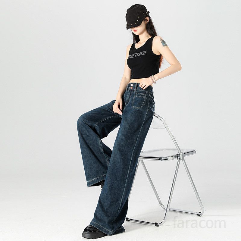 여름 기장선택 하이웨이스트 투버튼 와이드 팬츠 롱다리 Y2K 레트로 데님 일자핏 코튼  55669 - 상품 이미지