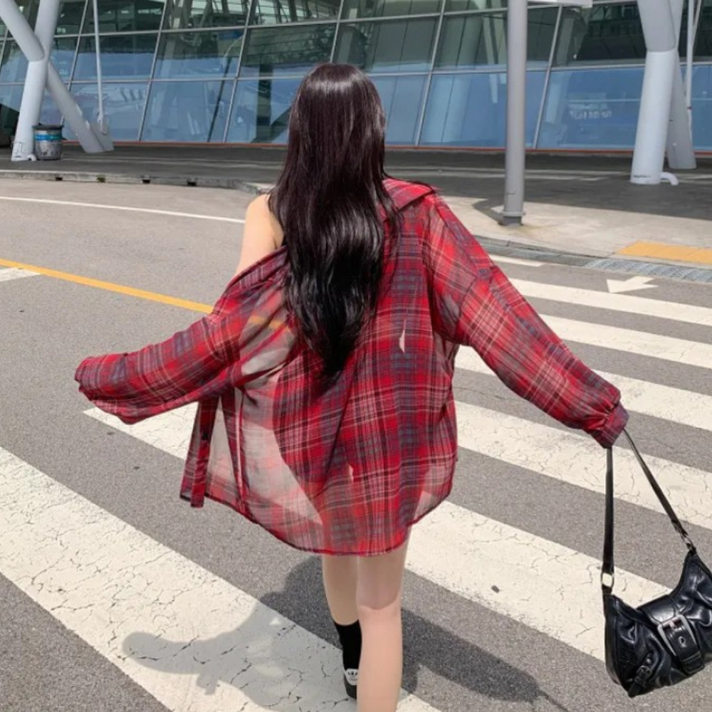 살안타템 여자 시스루 체크 셔츠 블라우스 오버핏 여름 비치 썸머 셔츠 여성 블라우스 린넨 시어서커 오버핏 - 상세 이미지 3