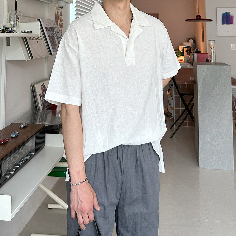 남자 셔츠 오버핏 반오픈 여름 마 린넨 남방 남자반팔셔츠