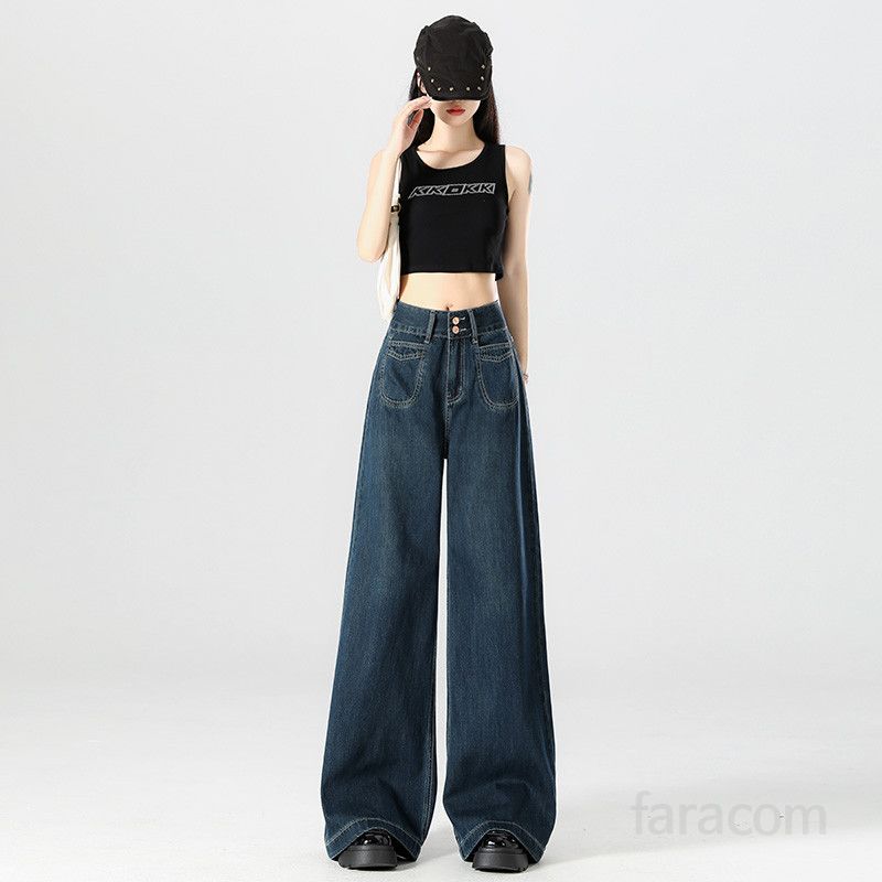 여름 기장선택 하이웨이스트 투버튼 와이드 팬츠 롱다리 Y2K 레트로 데님 일자핏 코튼  55669 - 상세 이미지 3