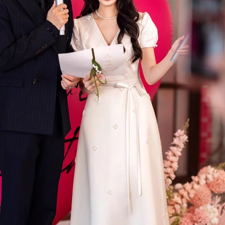 송혜교웨딩드레스 스타일 새틴 셀프웨딩 2부 맘드레스 원피스 예복 야외 브라이덜샤워 연주회 - 상세 이미지 2