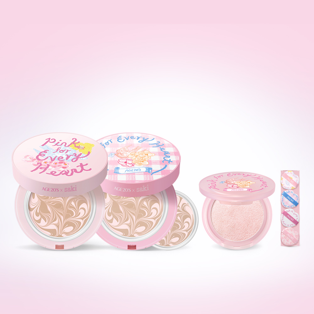 에이지투웨니스 핑크 포 에브리 하트 에디션 디오리진 에센스 팩트 핑크 라떼 12.5g  본품&리필 (SPF50) +하이라이터 2종 세트  (+퍼프4매) - 상품 이미지