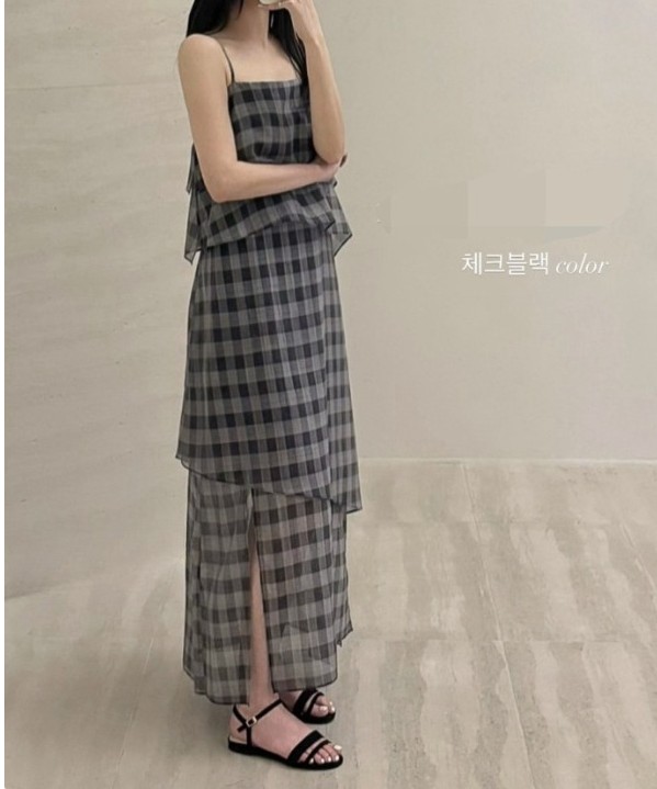 마스터피스 체크 마아르니 텐셀 끈 조절  뷔스티에 맥시 원피스 - 상세 이미지 5