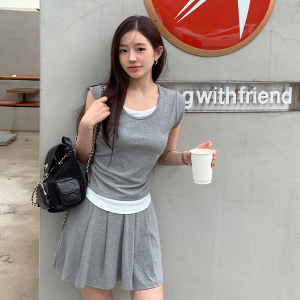 리베린 레이어드 셔링 티 미니 플레어 밴딩 스커트 투피스 세트 st2874 제품 이미지