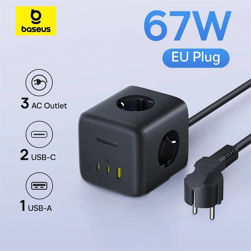 Baseus 67W GaN 고속 충전기 전원 스트립 3AC 3680W 콘센트 USB-C 노트북 iPhone 용 충전 데스크탑 스테이션 Samsung Xiaomi - 상품 이미지