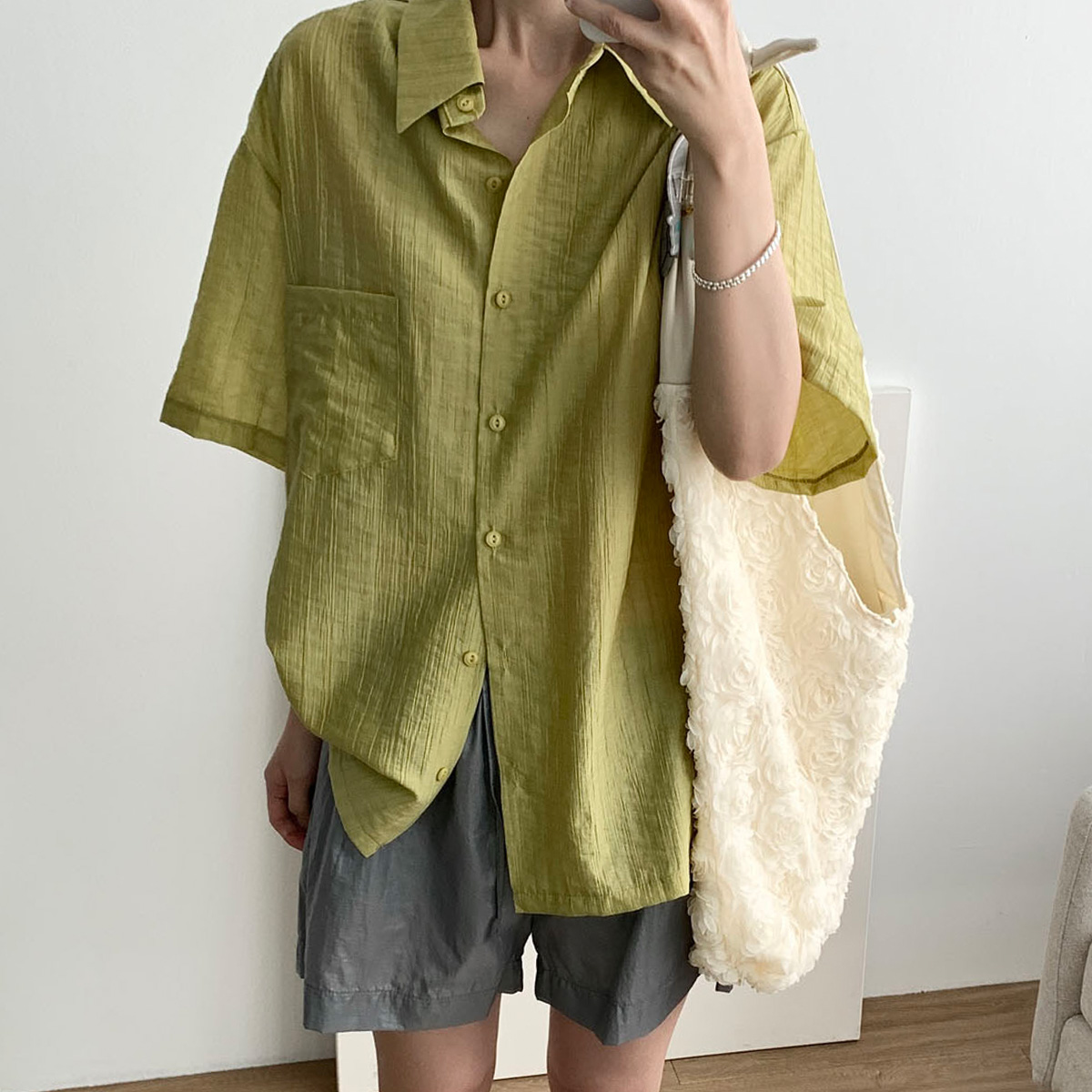 [일부당일] 샌드 텐셀 셔츠 반팔 5부 오버핏 루즈핏 남방 웨어링무드 (3c)