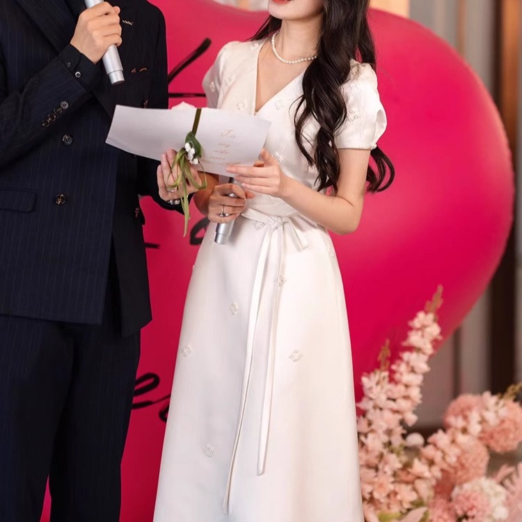 송혜교웨딩드레스 스타일 새틴 셀프웨딩 2부 맘드레스 원피스 예복 야외 브라이덜샤워 연주회 - 상세 이미지 3