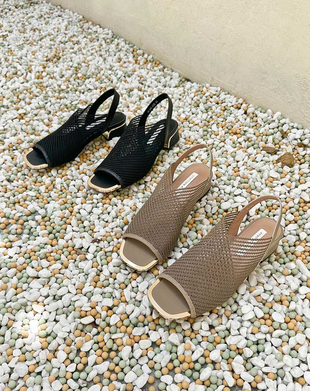 올리나 통기성 슬링백 샌들 여성 니트 메쉬 뮬샌들 로우힐 데일리화