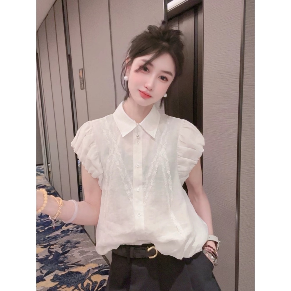 카라 프릴민소매 블라우스 러블리 귀여운 공주풍 빅사이즈 3XL까지 루즈핏 화이트 - 상세 이미지 4