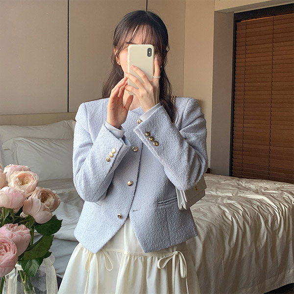 멜링 골드 버튼 라운드넥 트위드 자켓 jk2982