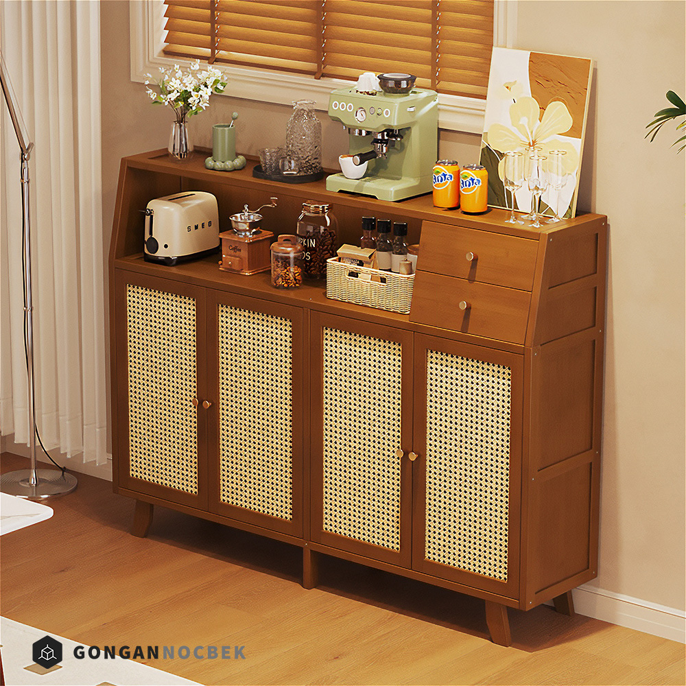 라탄 수납장 거실 다기능 원목 가구 빈티지 우드 정리장