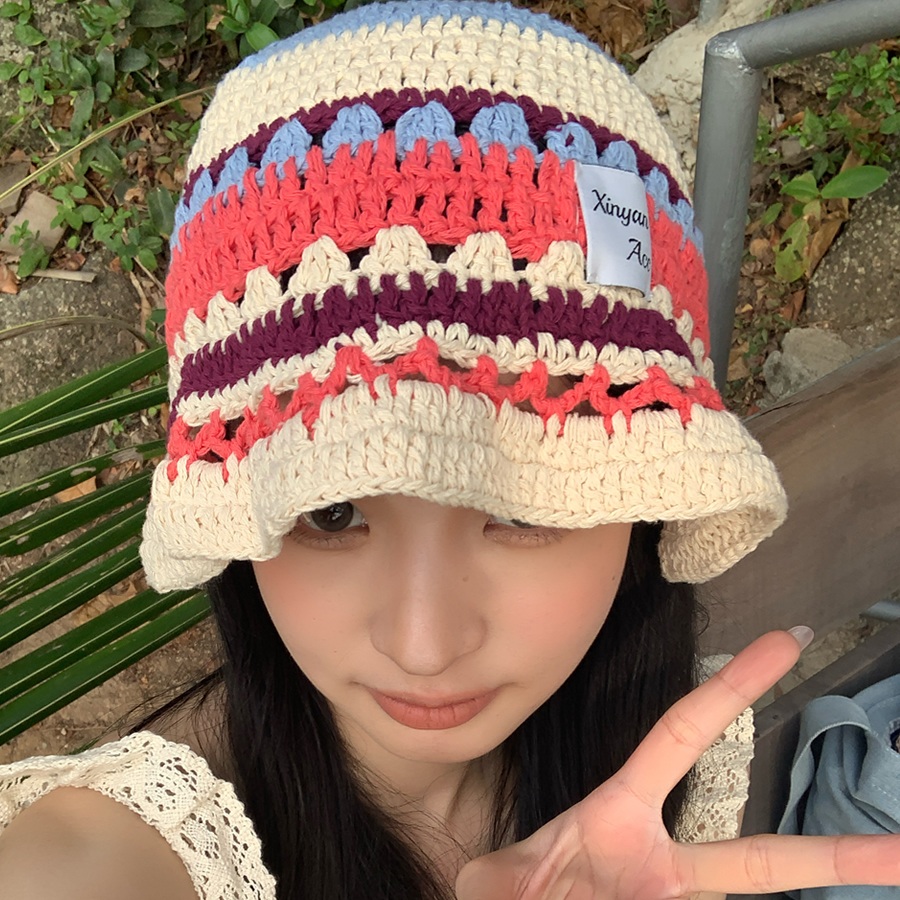 벙거지 썸머 모자 햇 모티브 지사모자 여성 휴양지 벙거지모자 여름모자 니트 니트버킷햇 산책 - 상품 이미지