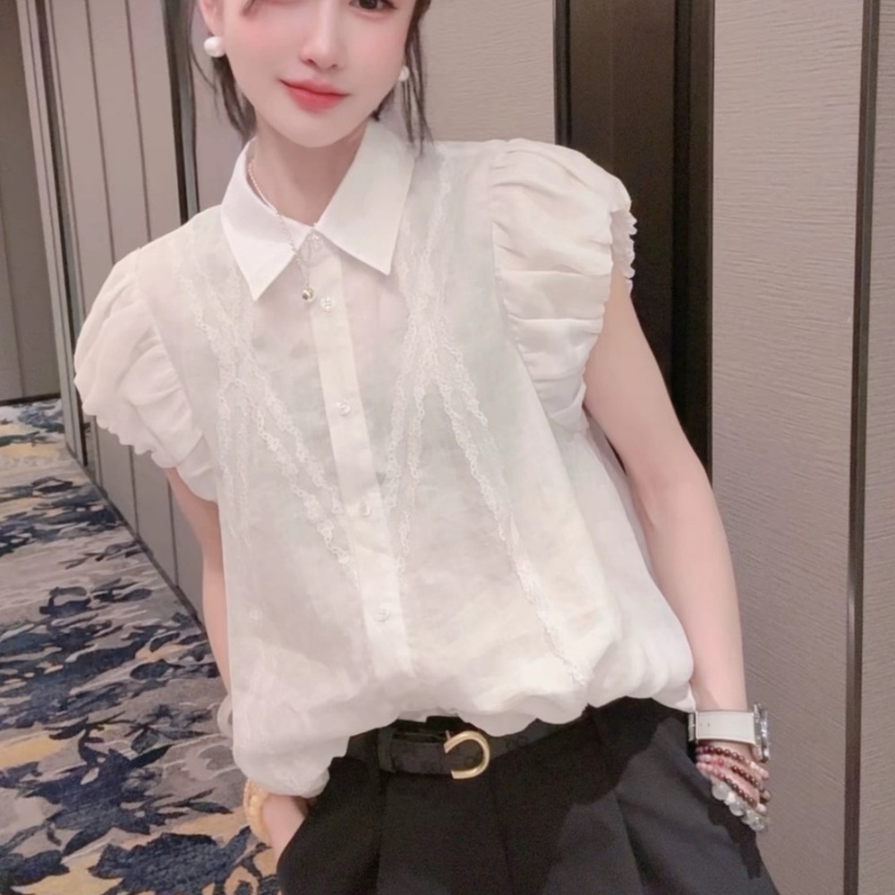 카라 프릴민소매 블라우스 러블리 귀여운 공주풍 빅사이즈 3XL까지 루즈핏 화이트 - 상품 이미지