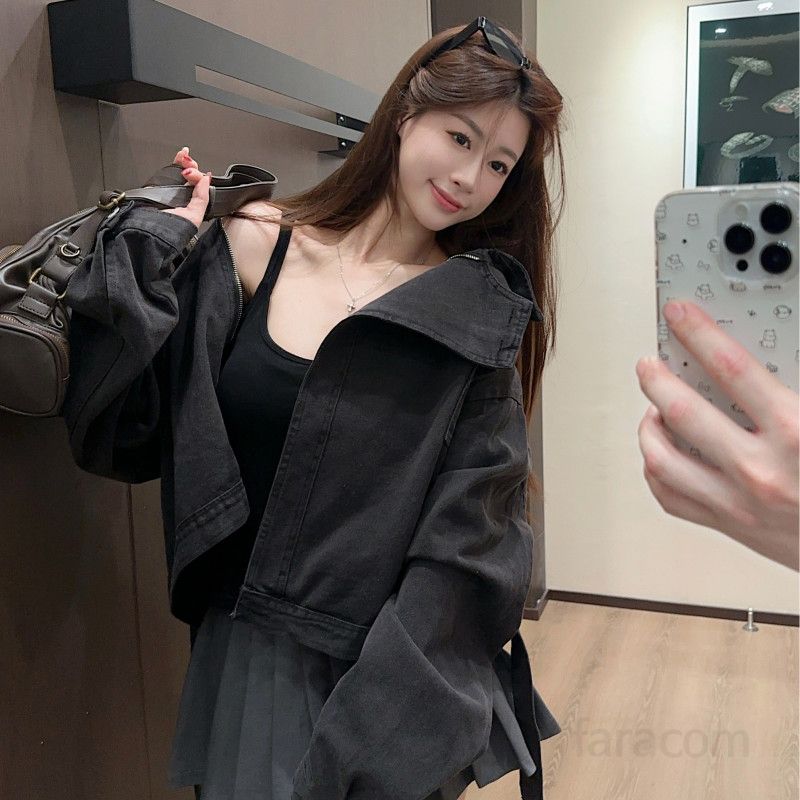 가을 오버핏  데님자켓 언발란스 사선지퍼 벨트 스트랩 숏 청자켓 돌먼소매 루즈핏 크롭 간절기 아우터 11437 - 상세 이미지 2