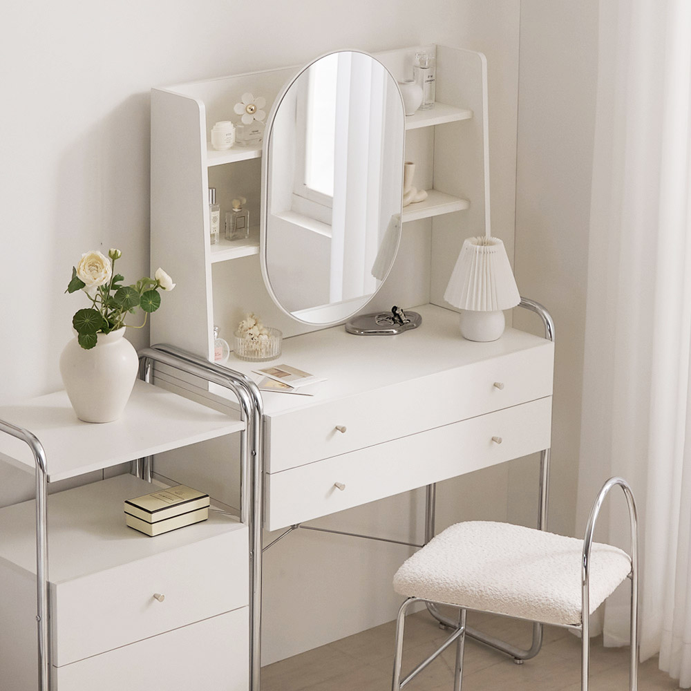 루스 미드센츄리 슬라이딩 거울 수납 화장대 크롬화이트 CNM237C