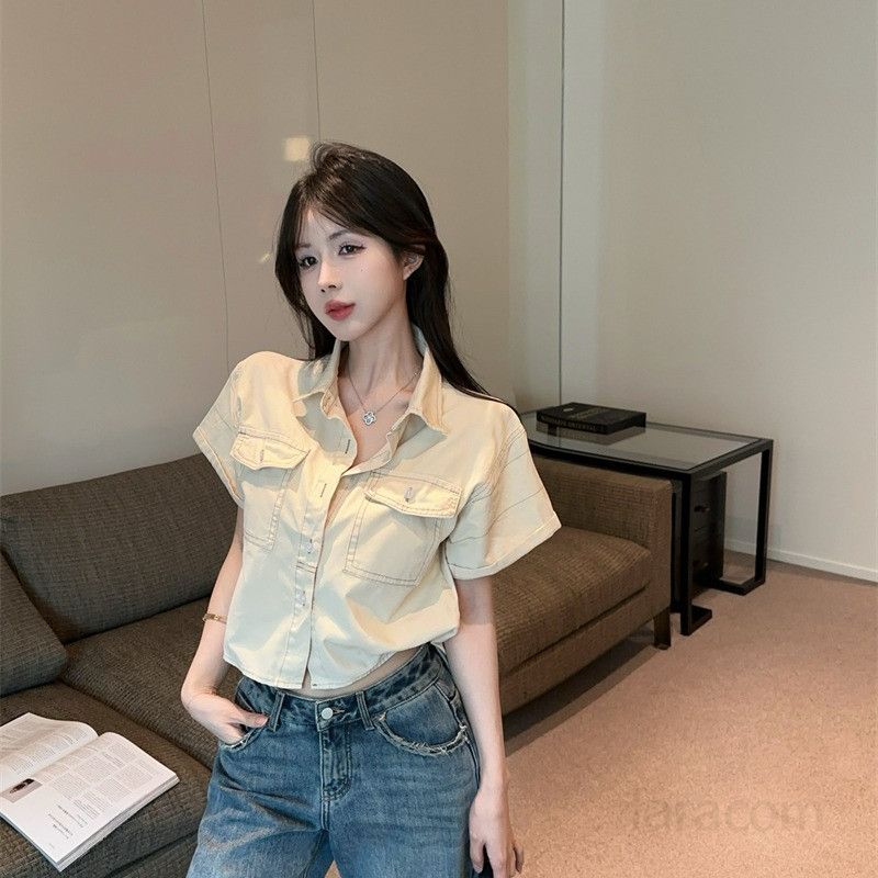 여름 루즈핏 투포켓 크롭 반팔 셔츠 숏 카라 남방 캐주얼 데일리룩 아우터 11276 - 상세 이미지 2
