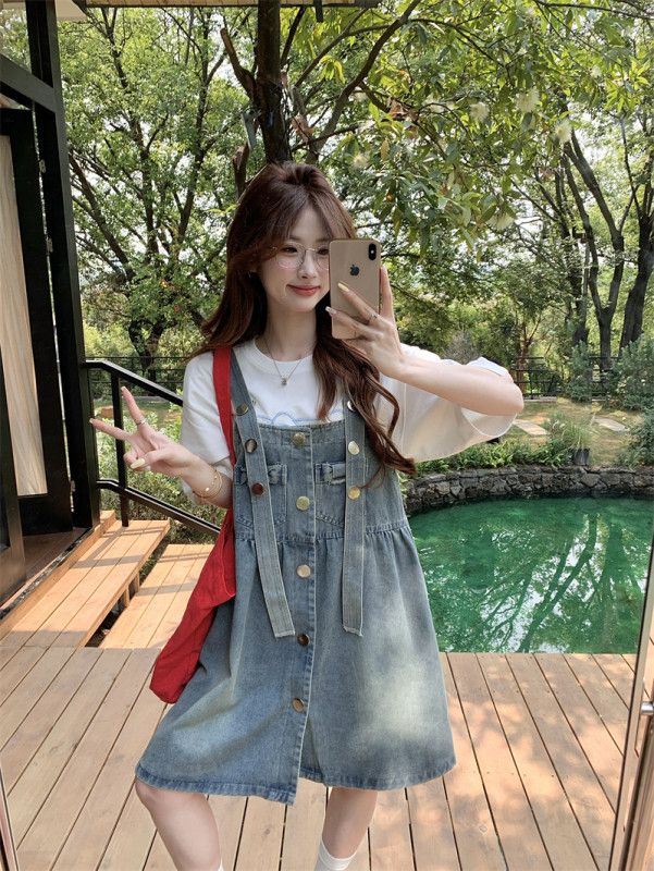 여성 데님 멜빵 원피스 워싱 빈티지 버튼 A라인 미니 루즈핏 서스펜더 숏 원피스 여름 캐주얼 데일리룩 11278 - 상세 이미지 3