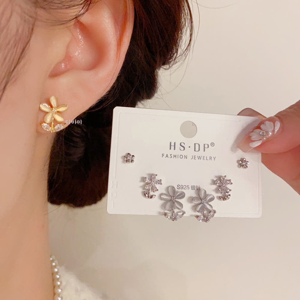 S925 스터드 원석 꽃귀걸이 세트 14K 플라워 러블리 이어링 - 메인 이미지