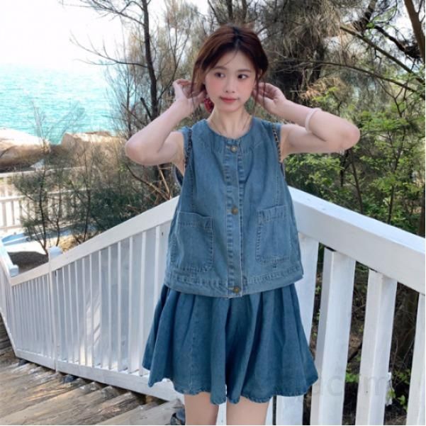 여성  여름 데님 청 셋업 민소매 조끼 플리츠 스커트 주름 치마 투피스 세트 캐주얼 데일리 바캉스룩 11222 - 상품 이미지