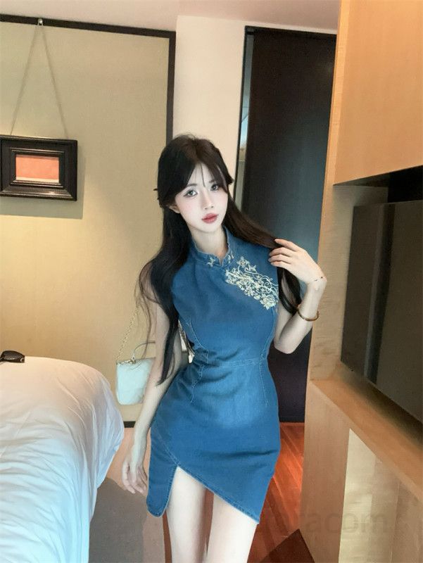 여성 여름 데님 자수 민소매 워싱 미니 원피스 신중식 차이나카라 슬림핏 데일리 11219 - 상세 이미지 3
