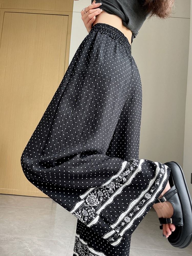 땡땡이 밴딩 와이드팬츠 보헤미안 플라워 프린팅 얇은 여름소재 린넨면혼방 캐주얼 화이트 블랙 - 상세 이미지 5