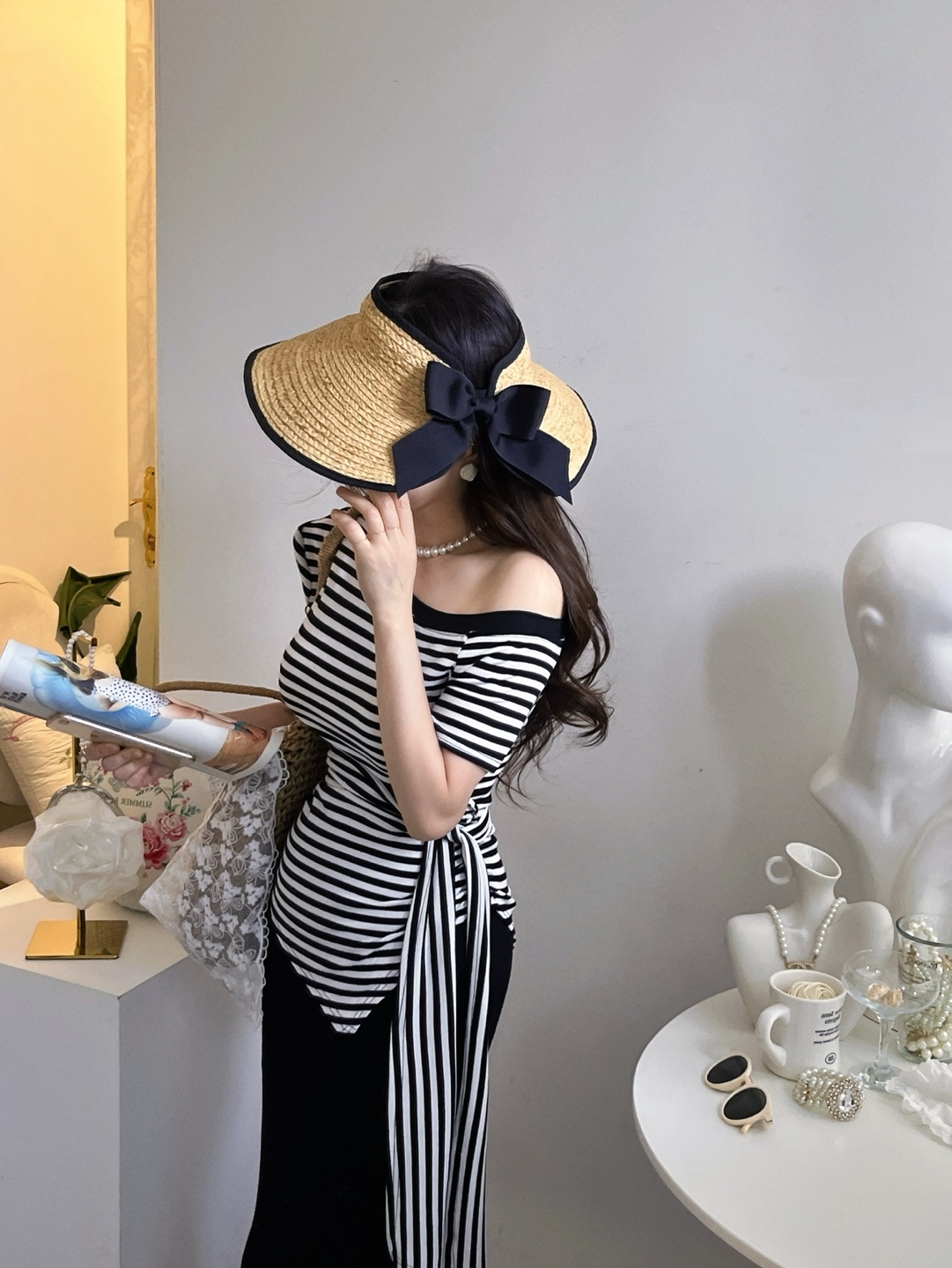 오브리 셋업 2piece SET (블라우스탑+스커트/스트라이프,랩,페플럼,머메이드,투피스,세트) [비비아레이디] - 상품 이미지