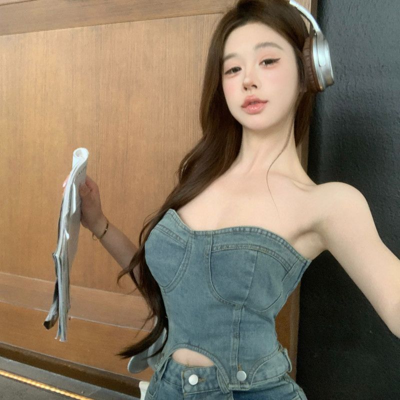 여성 데님 투피스 셋업 튜브탑 크롭 상의 와이드 찢어진 팬츠 워싱 여름 캐주얼 데일리룩 11240 - 상세 이미지 5
