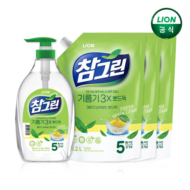 참그린 기름기뽀드득 주방세제 1kg 본품+1.2L 리필x3개