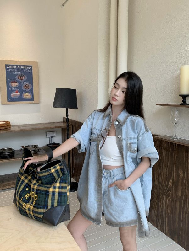 여성 데님 투피스 세트 카라 반팔 오버핏 셔츠 루즈핏 숏팬츠 워싱 빈티지 여름 캐주얼 데일리룩 1808 - 상세 이미지 5