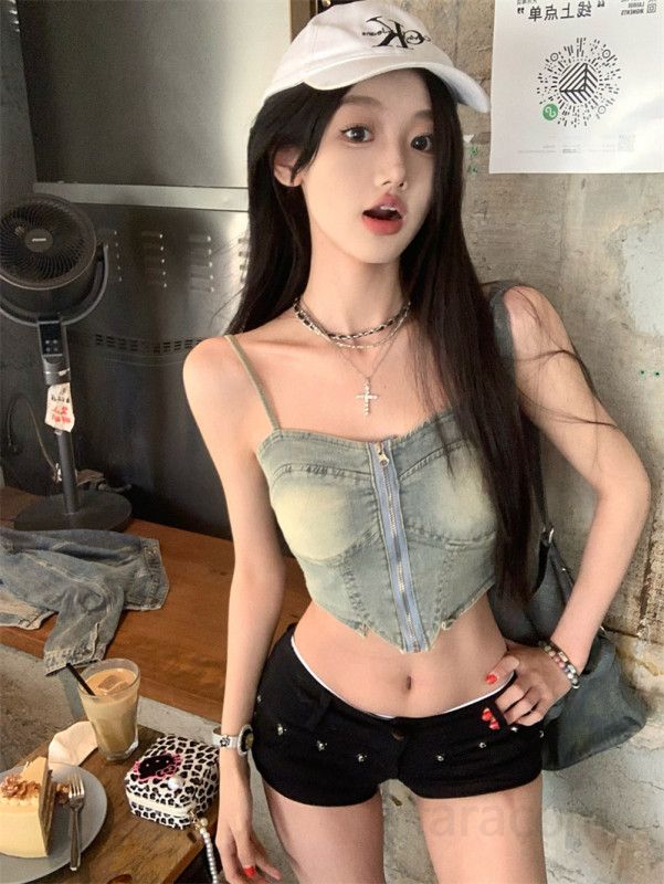 여성 데님룩 코르셋 브라탑 나시 크롭 캡 내장 슬림핏 워싱 셔링 탑 여름 캐주얼 데일리룩 11247 - 상세 이미지 3